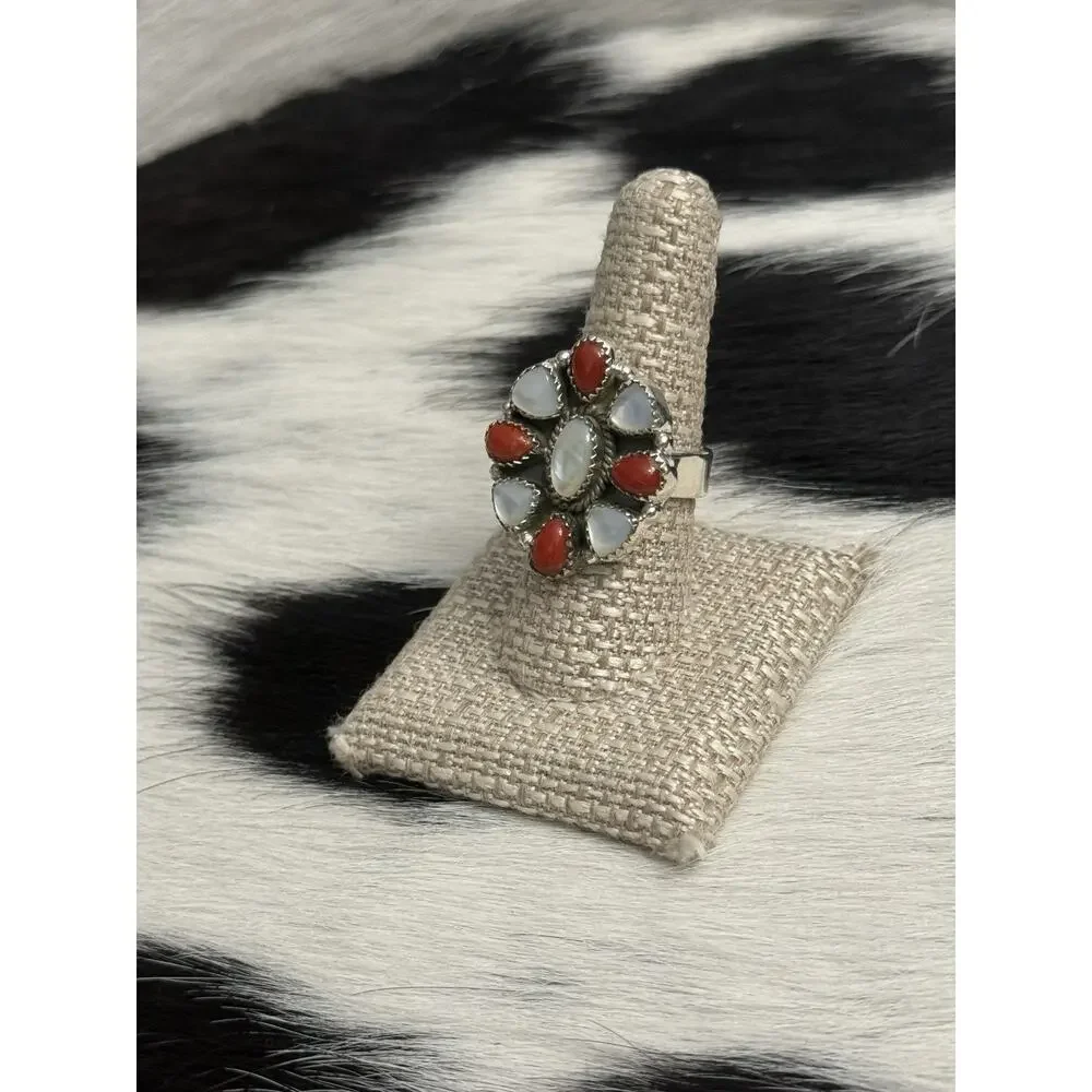 Native American Sterling Silver Red Coral Mother Of Pearl Cluster Flower Ring